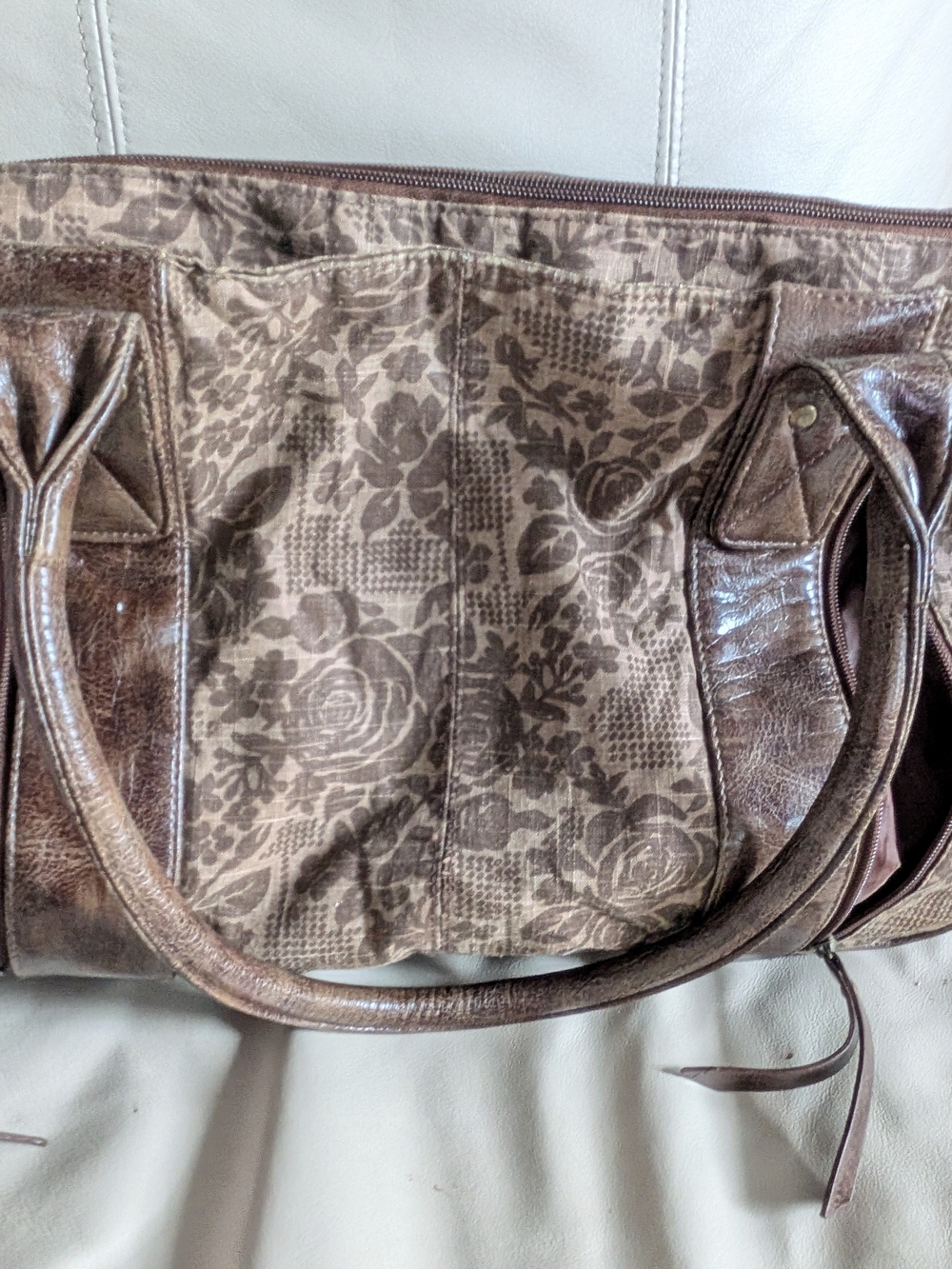 Brown Leather Shoulder Bag with Floral Lining